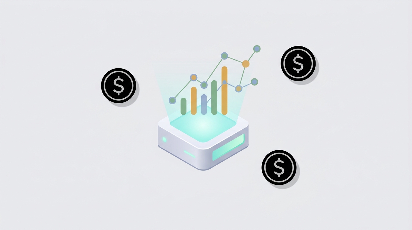 Stylised illustration of a Dargo mini server projecting an upward earnings trend with dollar coin icons around it