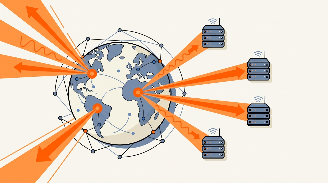 Stylised globe with orange light beams radiating out from edge points to abstract servers, suggesting a global content delivery network in front of a small origin server — Cloudflare CDN cover image
