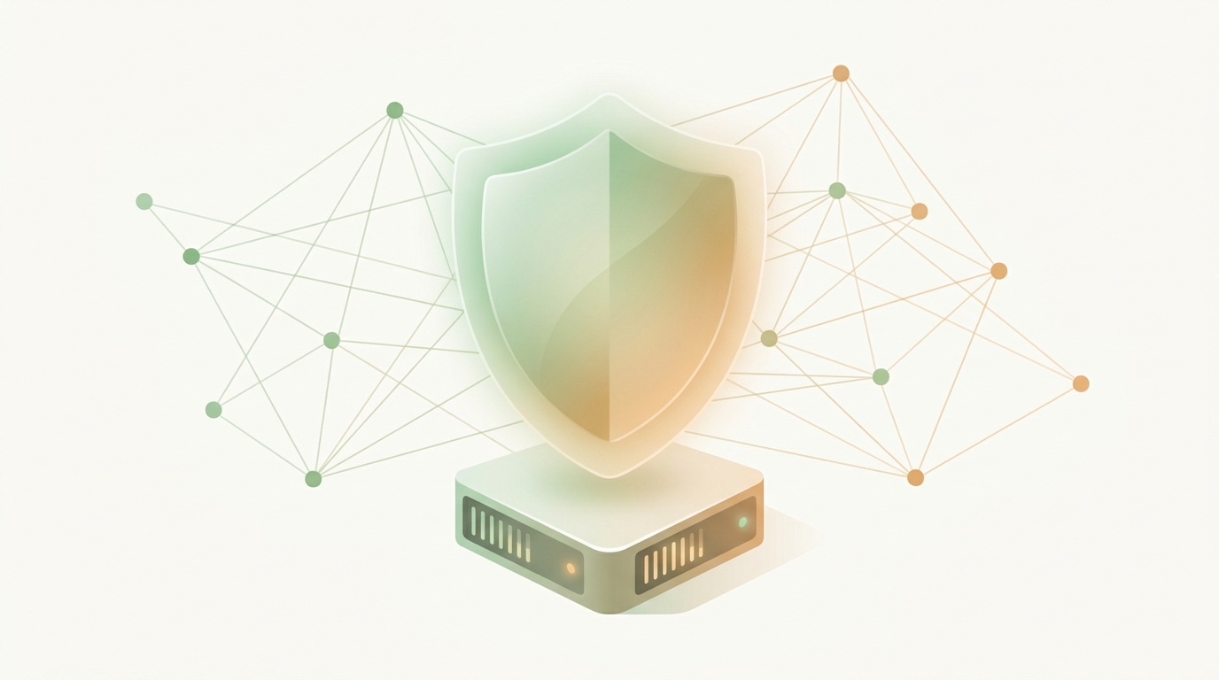 Illustration of a glowing shield protecting a small server, abstract network in the background — Dargo Access cover image