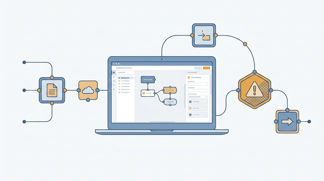 Flat illustration of a workflow automation editor on a laptop with connected nodes and a warning icon — n8n on Dargo cover image