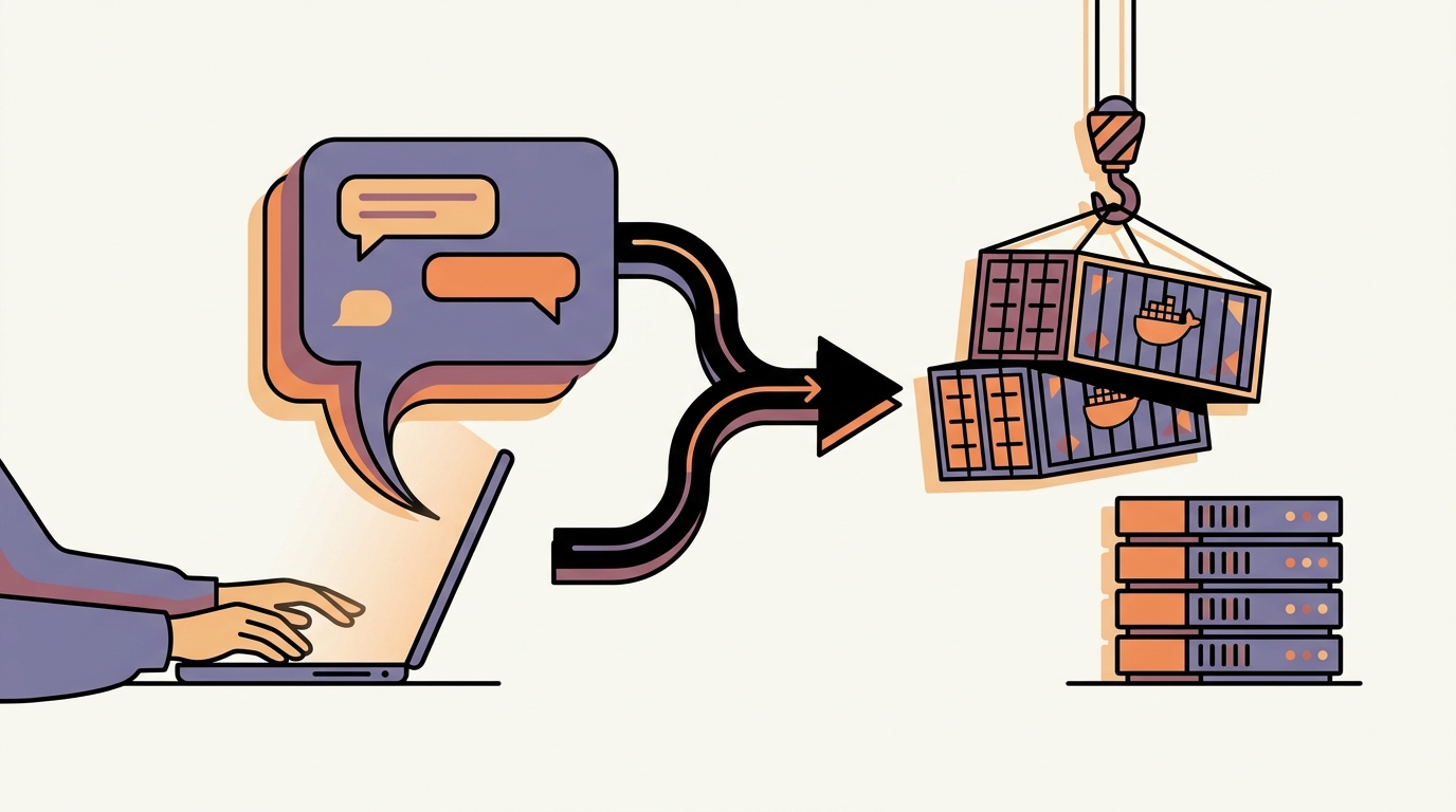 Stylised flat illustration of a person typing into an AI chatbot, with the chatbot's output transforming into a stack of containers being shipped onto a small server — package any open-source app with AI cover image